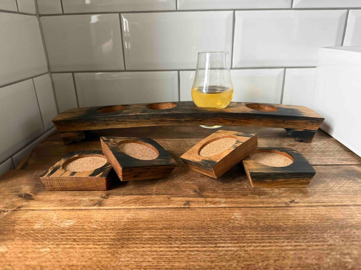 Reclaimed Whisky Barrel Stave Flight Board & Coaster Set