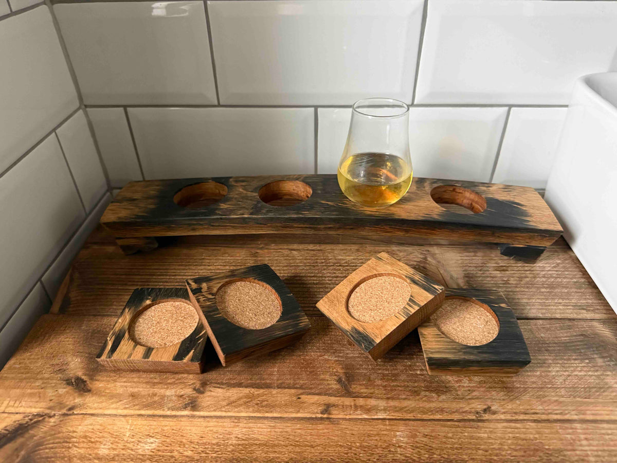 Reclaimed Whisky Barrel Stave Flight Board & Coaster Set