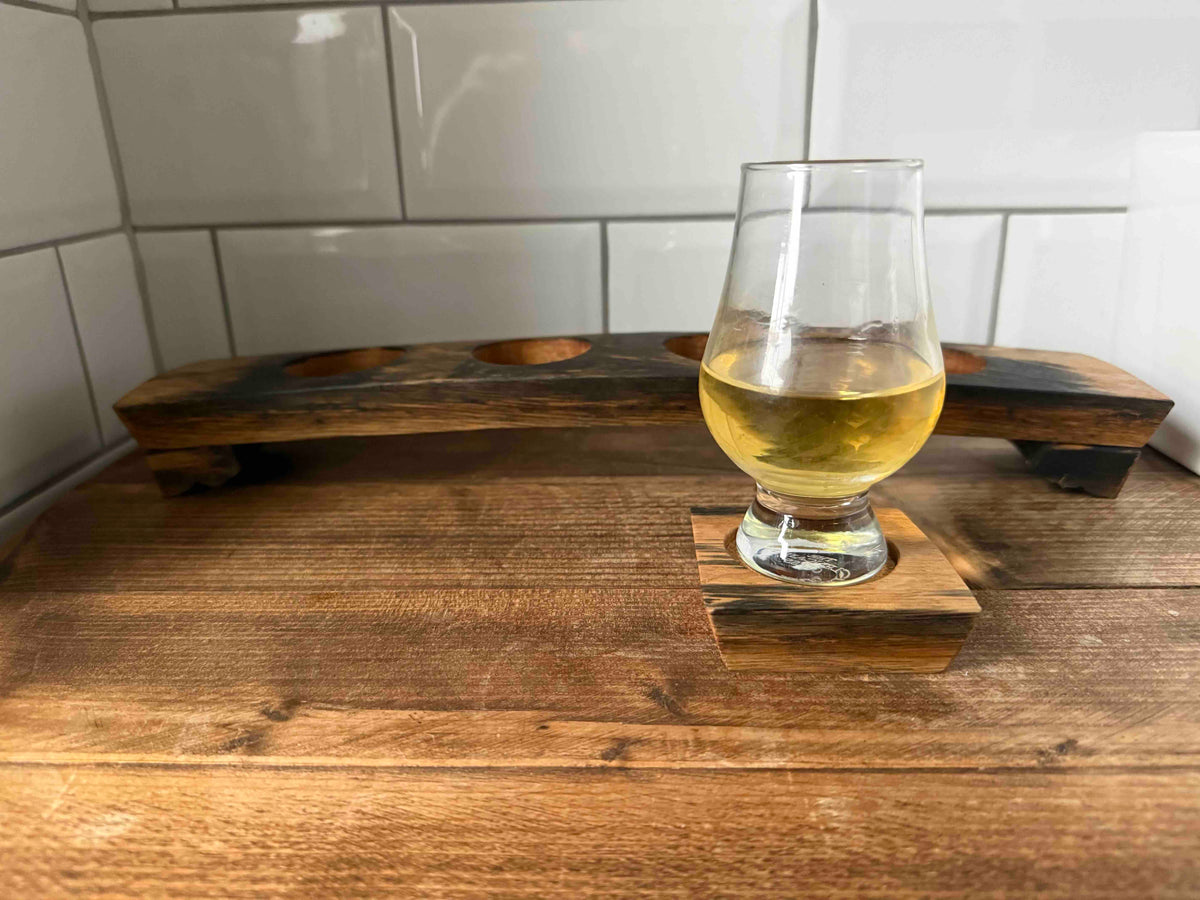 Reclaimed Whisky Barrel Stave Flight Board & Coaster Set