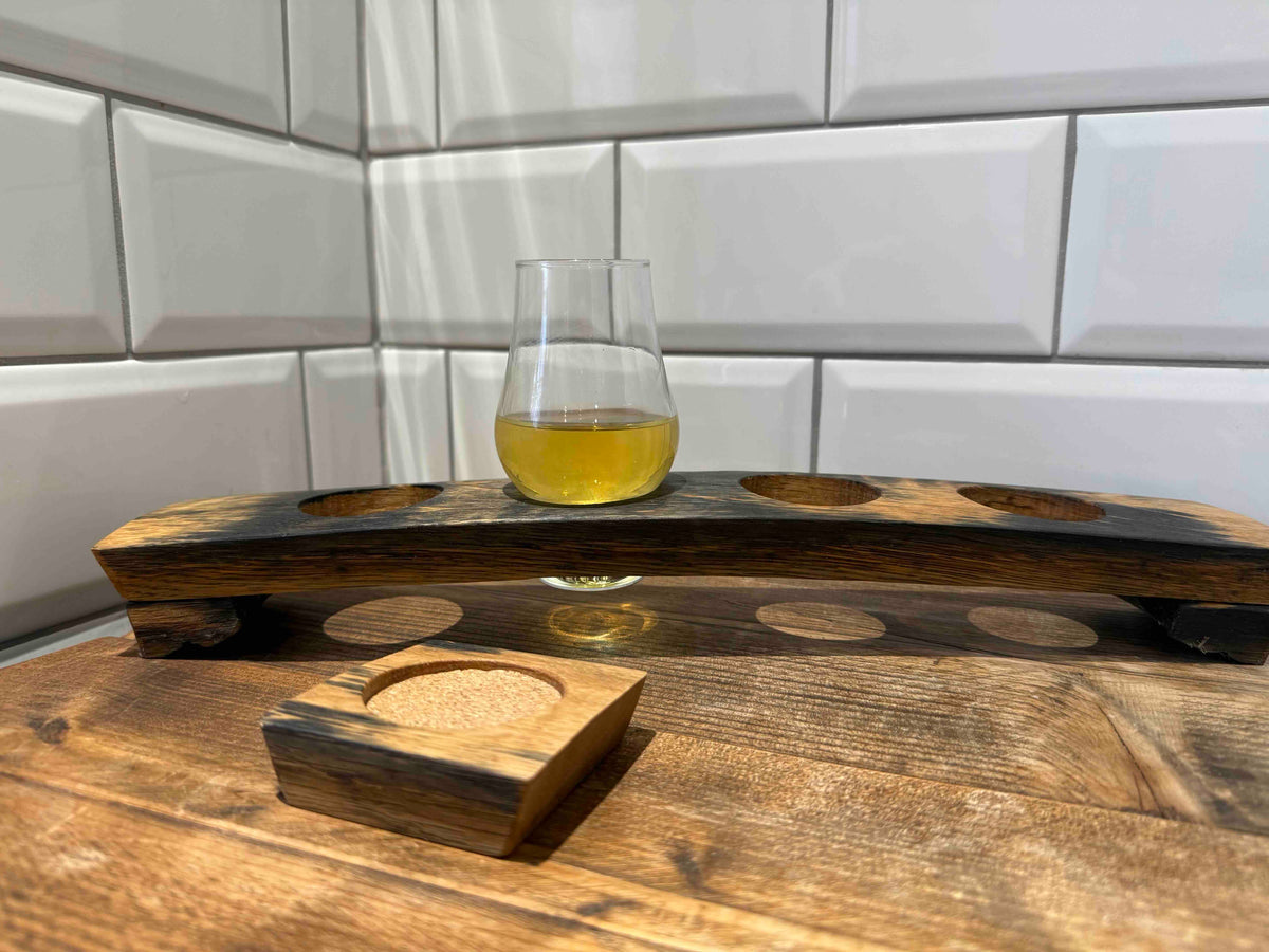 Reclaimed Whisky Barrel Stave Flight Board & Coaster Set
