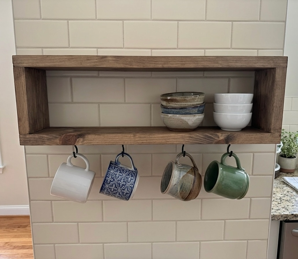 Rustic Wooden Mug Shelf