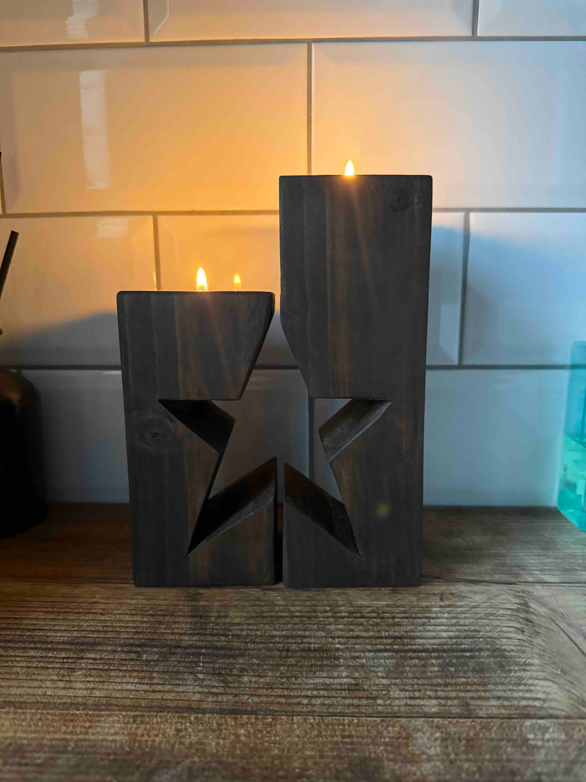 Rustic Wooden Star Candle Holder Set