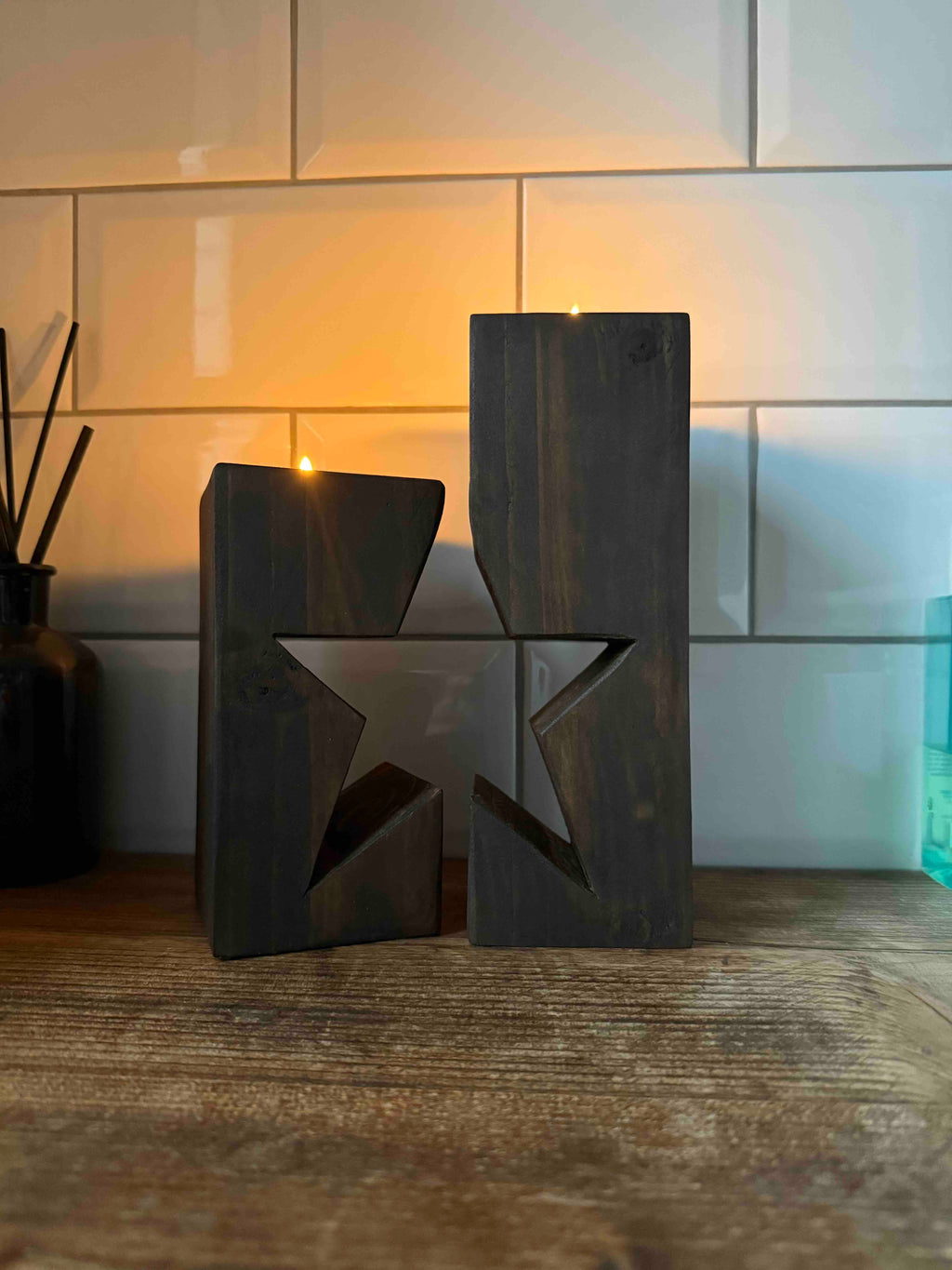 Rustic Wooden Star Candle Holder Set