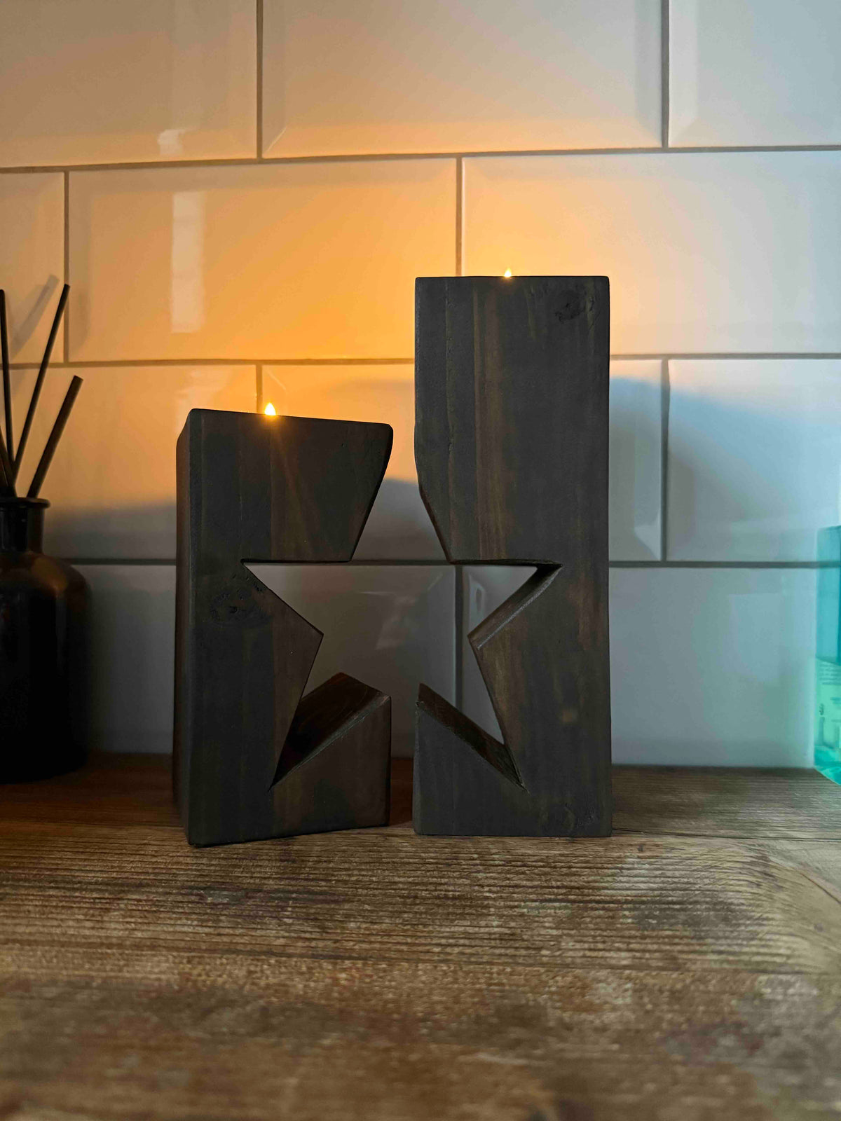 Rustic Wooden Star Candle Holder Set