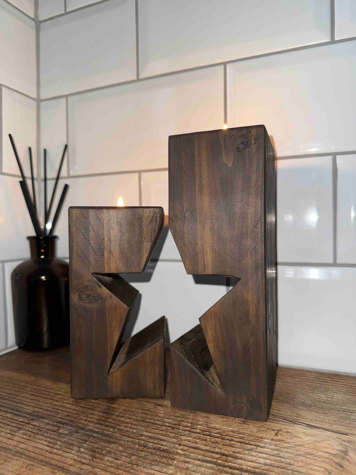 Rustic Wooden Star Candle Holder Set