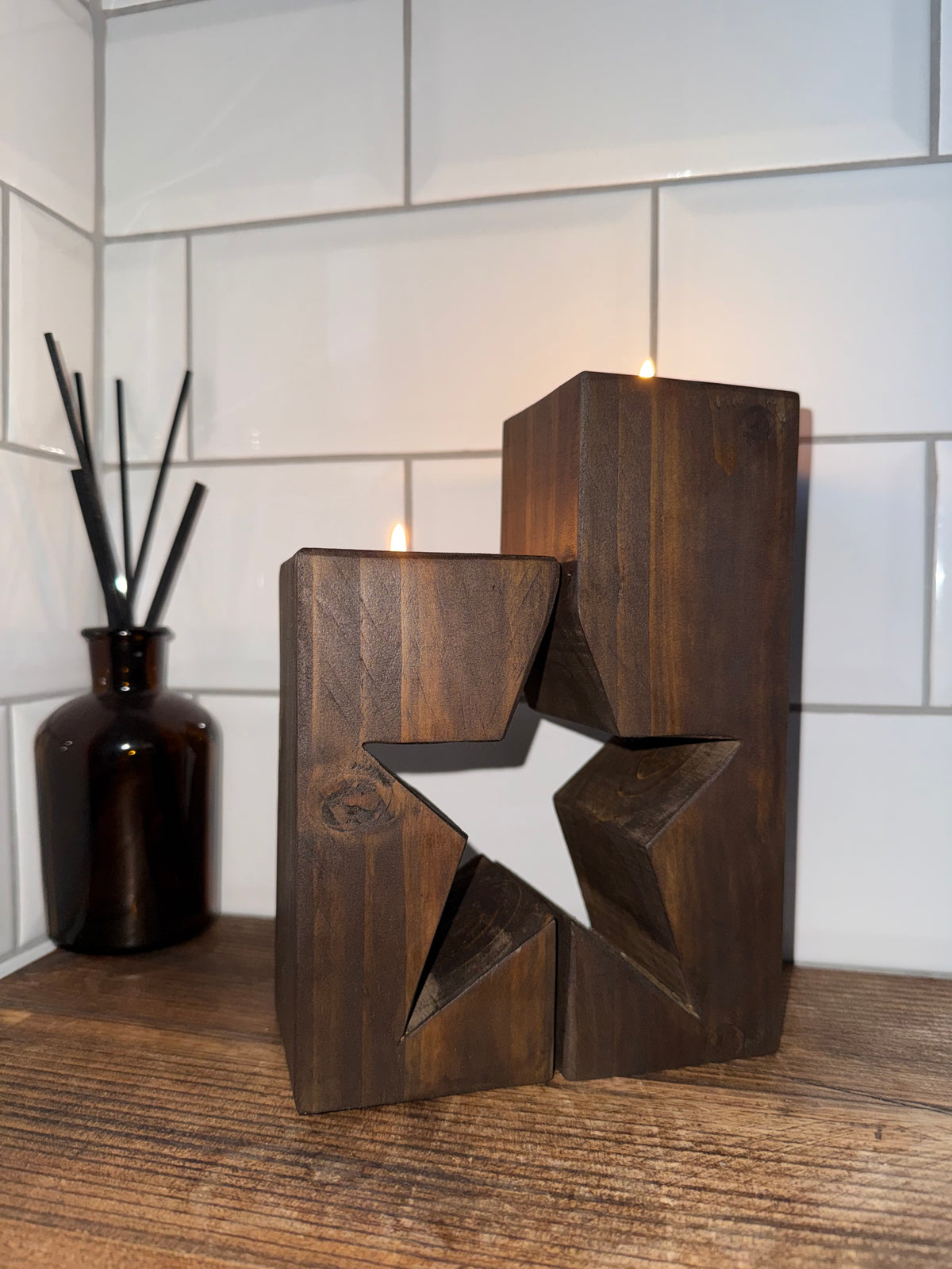 Rustic Wooden Star Candle Holder Set