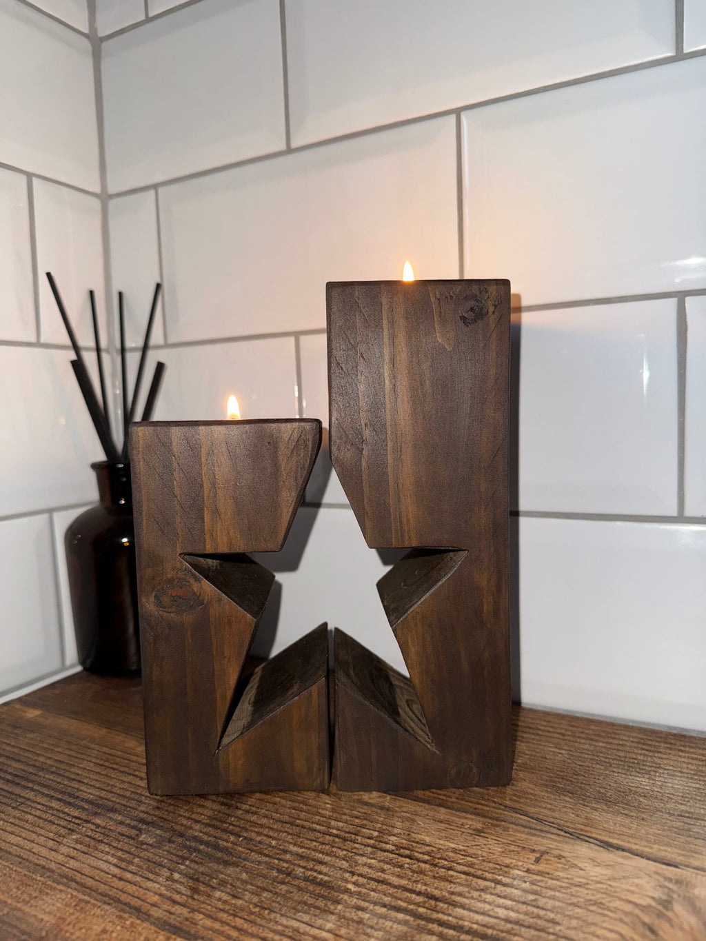 Rustic Wooden Star Candle Holder Set