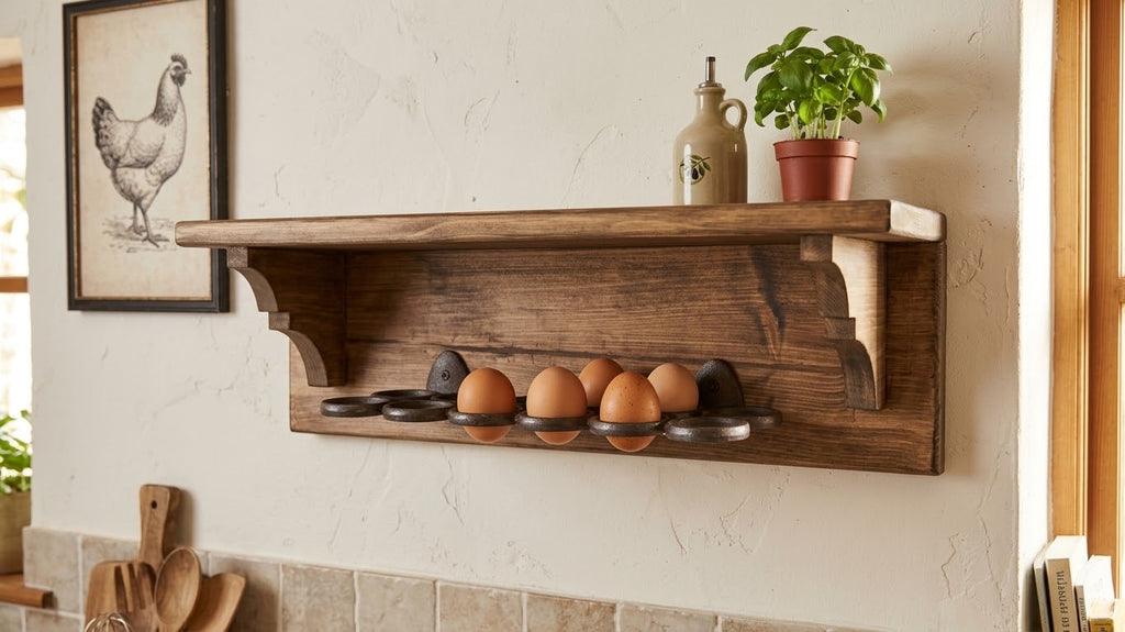 Wooden Egg Holder Shelf | Farmhouse Egg Rack with Display Shelf