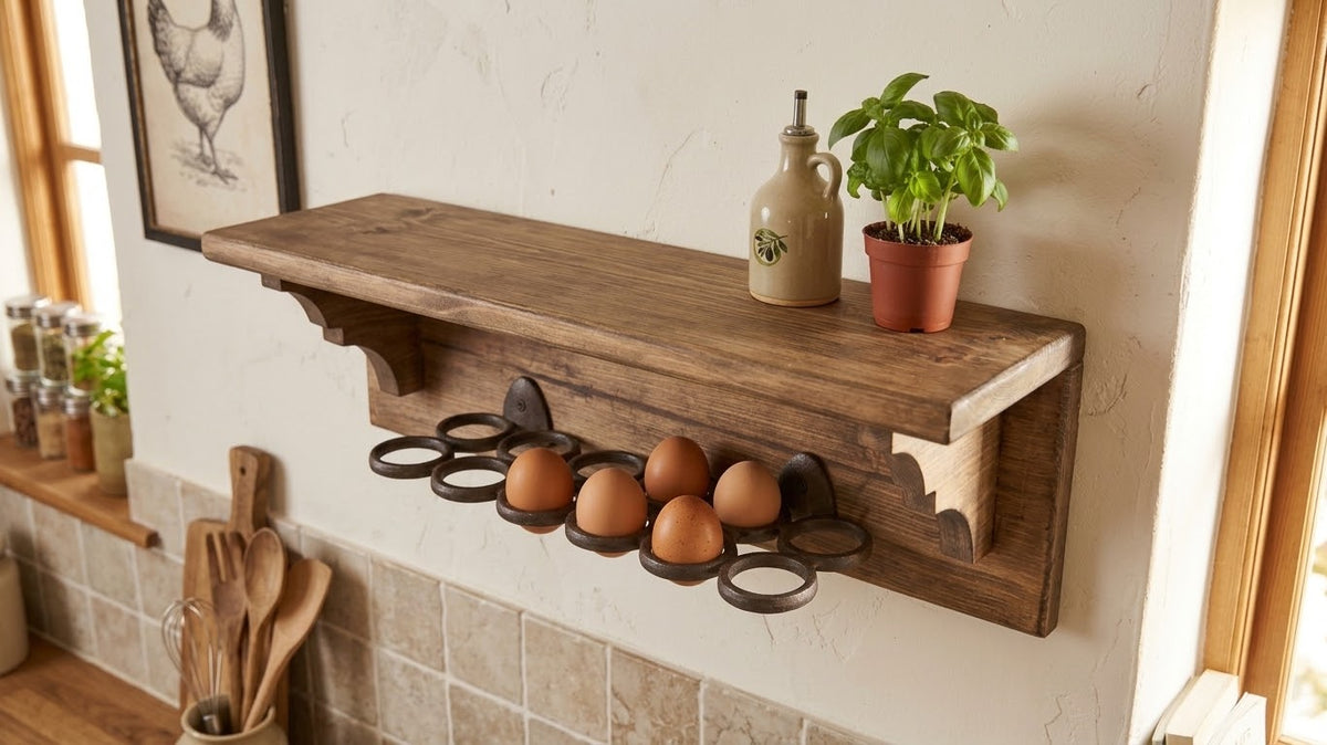 Wooden Egg Holder Shelf | Farmhouse Egg Rack with Display Shelf