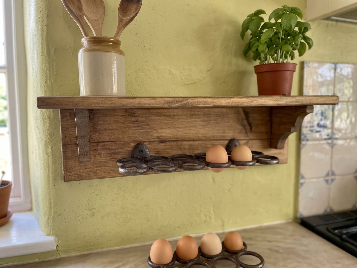 Wooden Egg Holder Shelf | Farmhouse Egg Rack with Display Shelf