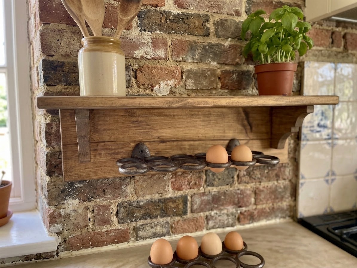 Wooden Egg Holder Shelf | Farmhouse Egg Rack with Display Shelf