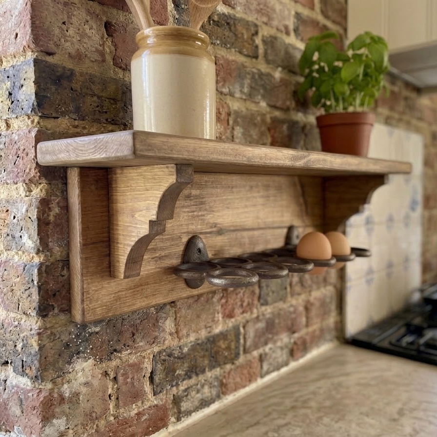Wooden Egg Holder Shelf | Farmhouse Egg Rack with Display Shelf