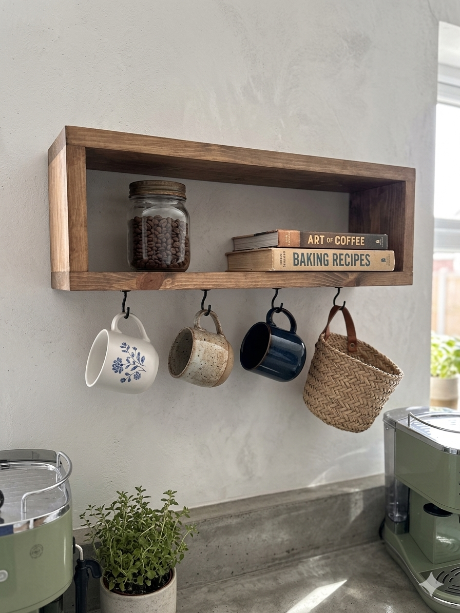 Rustic Wooden Mug Shelf