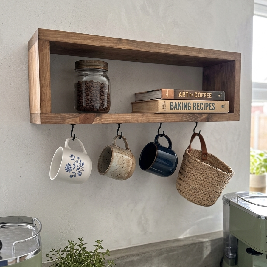 Rustic Wooden Mug Shelf
