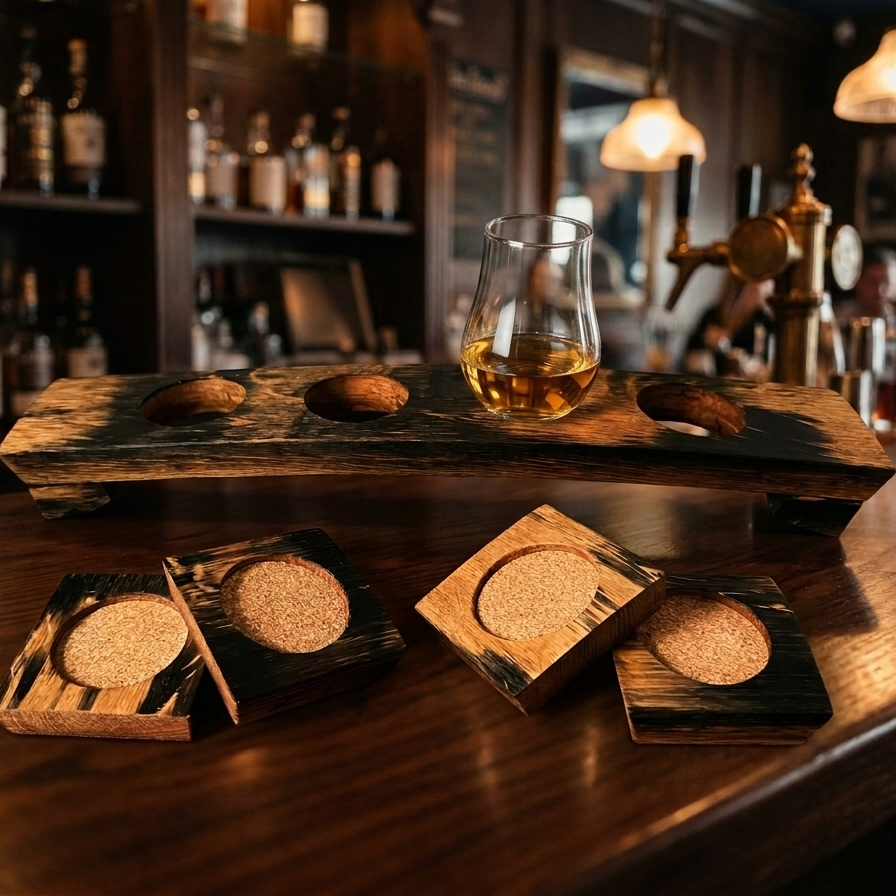 Reclaimed Whisky Barrel Stave Flight Board & Coaster Set