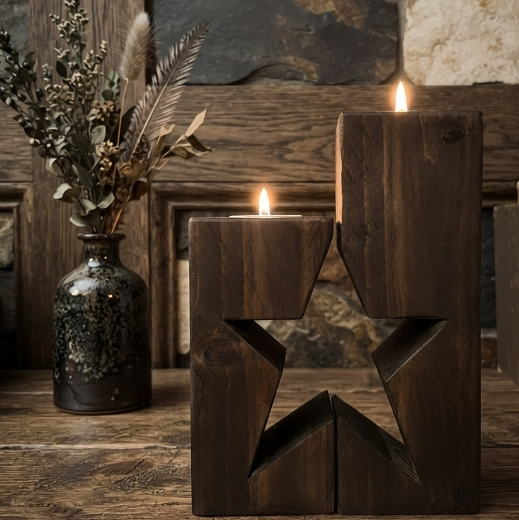 Rustic Wooden Star Candle Holder Set